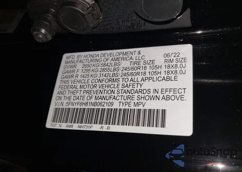 2022 Honda Pilot Awd Trailsport z USA, uszkodzony, nr VIN 5FNYF6H81NB062109